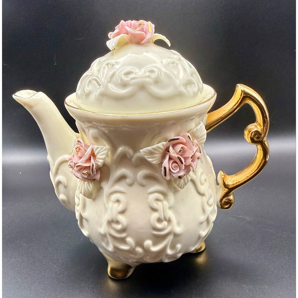 Vintage Cracker Barrel Ivory Porcelain Teapot Pink Roses 10k Gold Trim Victorian